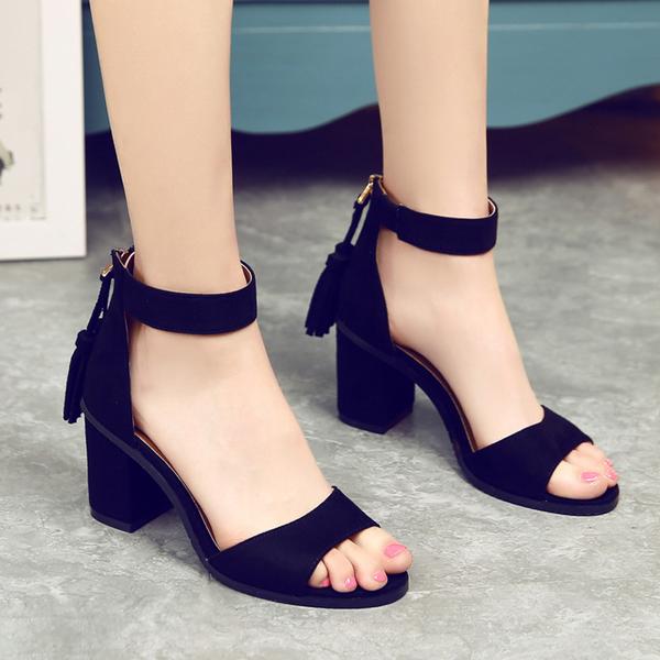 Faux Suede Tassel Ankle Strap Chunky Heel Sandals
