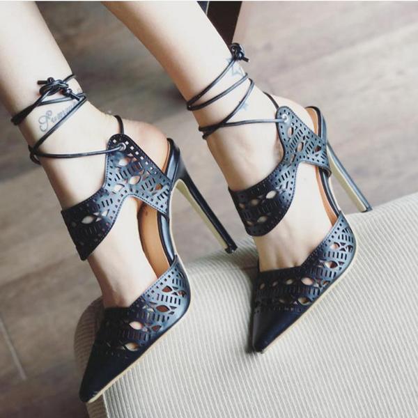 Cut Out Stiletto Heel Pointed Toe Ankle Strap High Heel Sandals