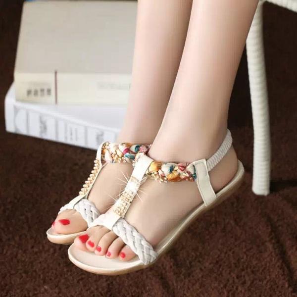 Pu Flat Peep-toe Summer Ankle Strap Rihestone Sandals