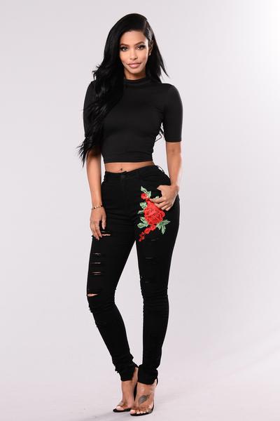 Black Floral Embroidered High-waisted Distressed Skinny Jeans
