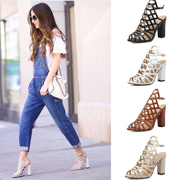 2017 Trend Cut Out Straps Chunky High Heels Sandals