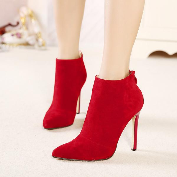 Pointed Toe High Heel Ankle Boots Featuring Zipper Back In Faux Suede Or Faux Leather