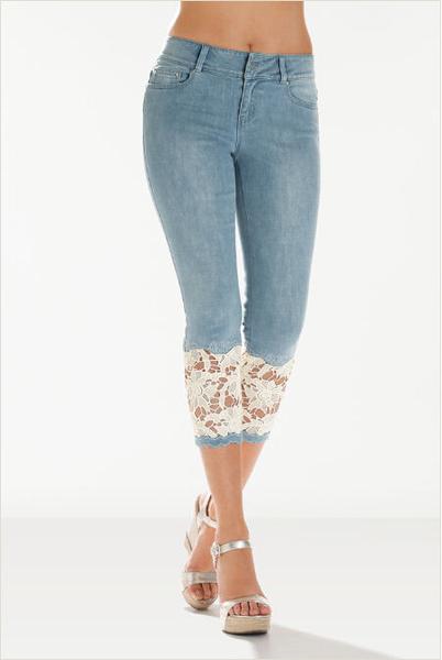Solid Color With Lace Patchwork 3/4 Length Jeans Denim Pants