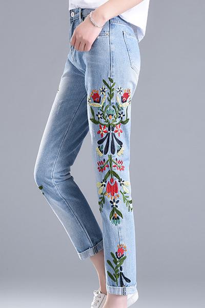 Embroidery Flowers Curled 9/10 Pencil Jeans Denim Pants