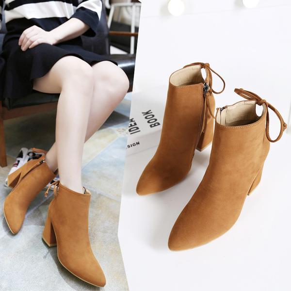 Faux Suede Pointed-toe Chunky Heel Ankle Boots Featuring Side Zipper