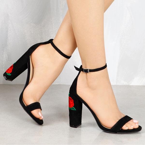 Chunky High Heel Open Toe Sandals Featuring Floral Embroidery With Slender Ankle Straps