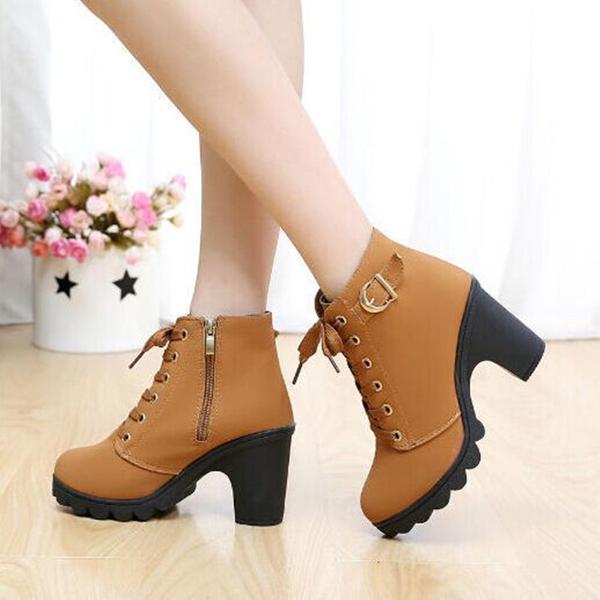 Platform Lace Up Chunky Heel Side Zipper Short Ankle Boots