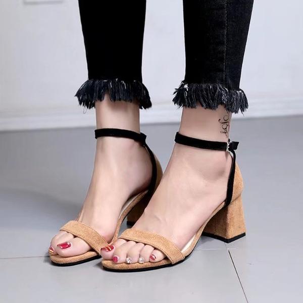 Chunky Heel Suede Open Toe Sandals With Slender Ankle Straps