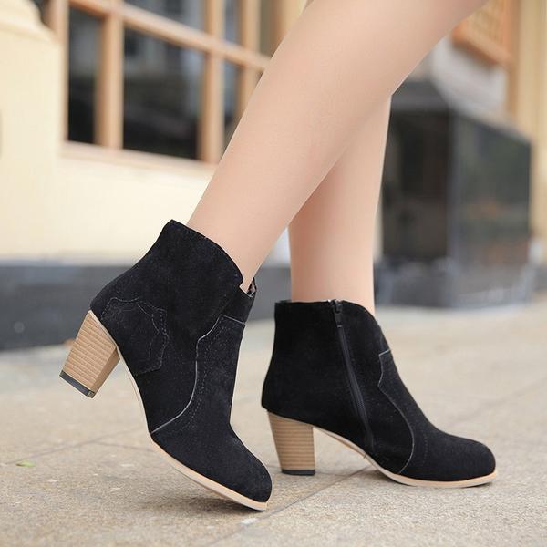 Chunky Heels Suede Pointed Toe Short Boots Pumps