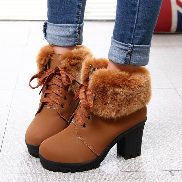 Lace-up Chunky High Heel Ankle Boots With Thick Faux Fur