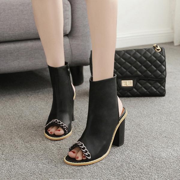 Metal Chain Decorate Cut Out Peep Toe Chunky Heels Short Boot Sandals