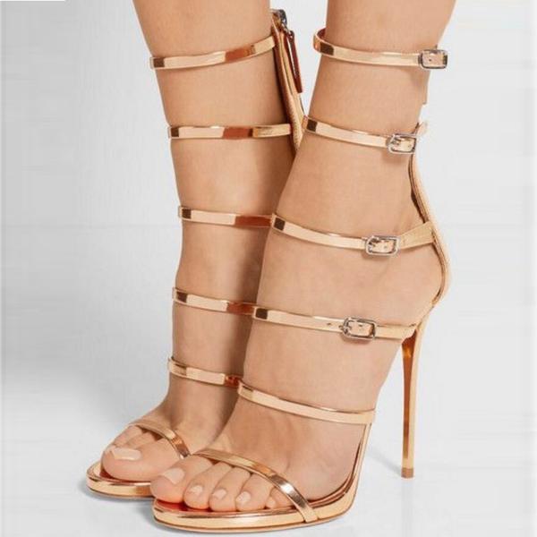 Metallic Open Toe High Heel Sandals With Adjustable Ankle Straps