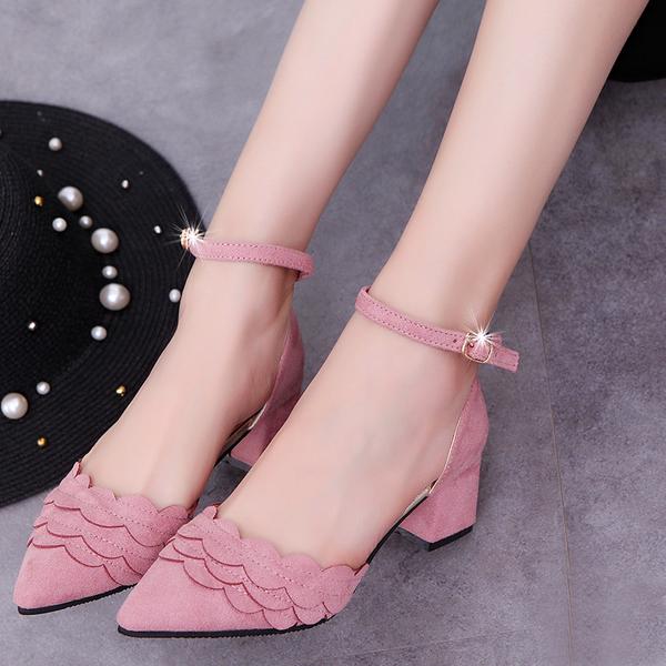 Faux Suede Scalloped Pointed-toe Ankle Strap Low Chunky Heels