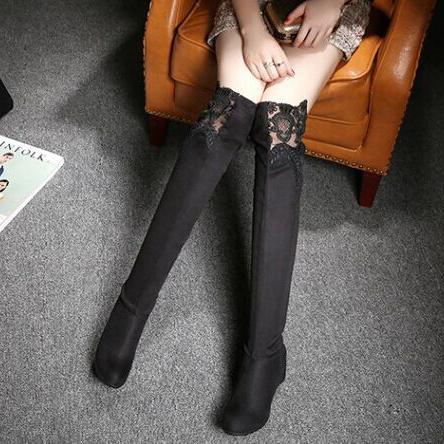 Round Toe Lace Patchwork Inside Heels Over Knee Boots
