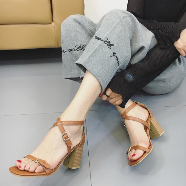 Faux Leather Square Open-toe Crisscross Strap Chunky Heels
