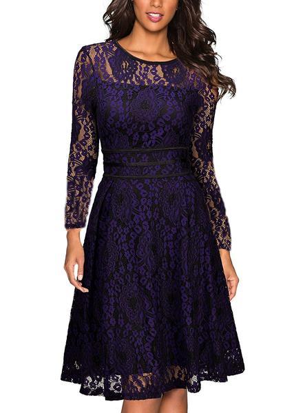 Solid Color Long-sleeved Lace Necklace Zipper Party Dress