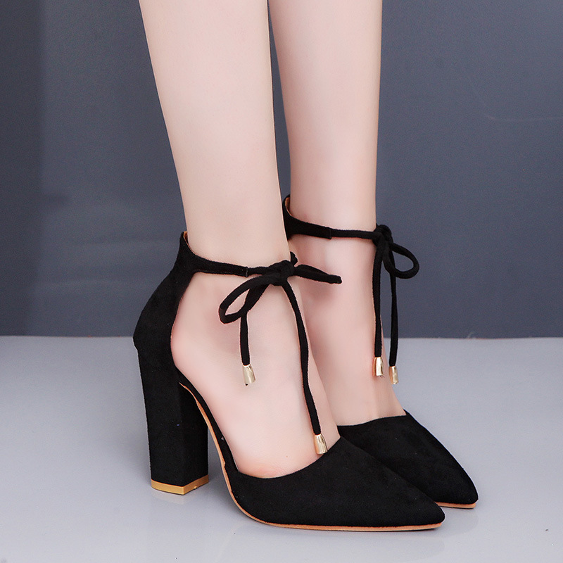 Pointed Toe Suede Front - Tie Pumps With High Blocked Heel