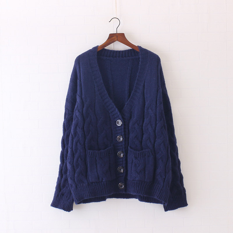 Deep V-neck Buttons Pockets Cable Loose Cardigan on Luulla