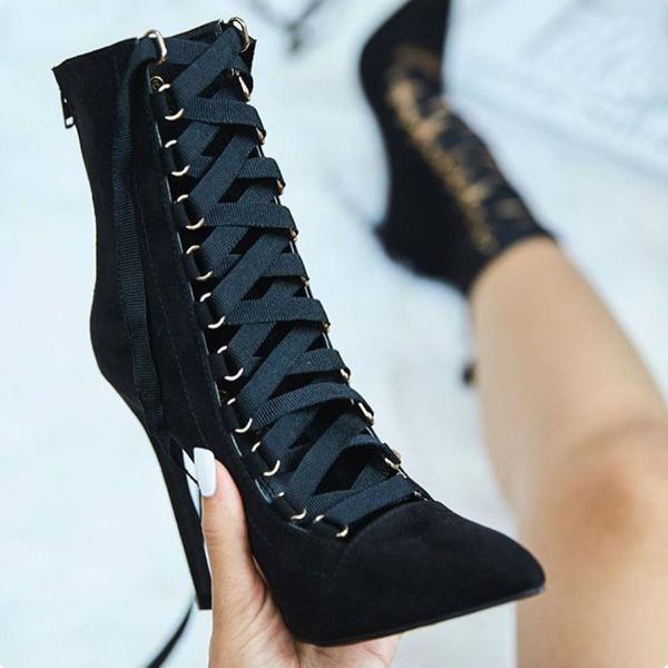 Faux Suede Lace-up Pointed-toe High Heel Mid-calf Boots