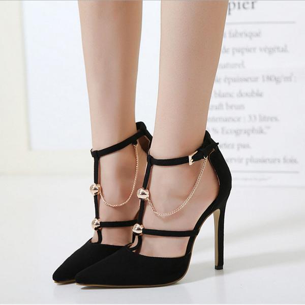 Chain Decorate Pointed Toe Ankle Wrap Stiletto High Heels