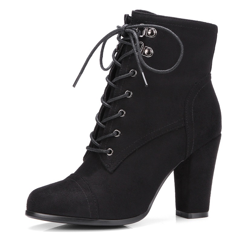 Faux Suede Pointed-toe Lace-up Chunky Heel Ankle Boots