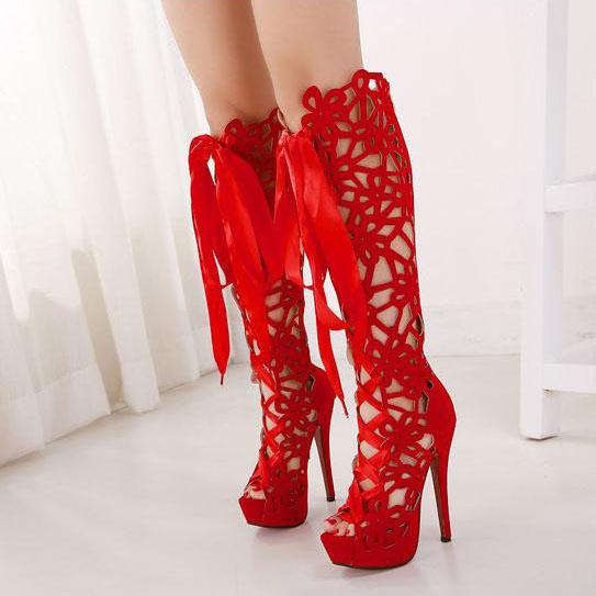 Cut Out Peep Toe Platform Super High Heels Long Boot Sandals（red（sold Out））