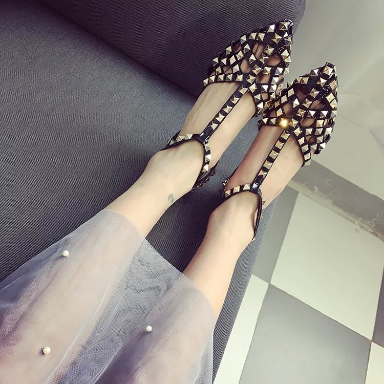 Rivets Hollow Out Pointed Toe Ankle Wrap Stiletto High Heels