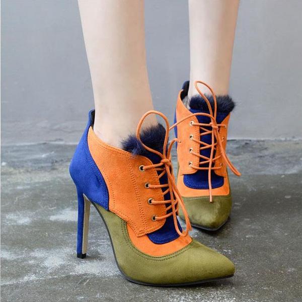 Multi-coloured Pointed Toe Lace Up Suede High Heel Ankle Boots With Faux Fur