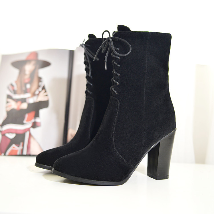 Faux Suede Pointed-toe Lace-up Mid-calf Chunky Heel Boots