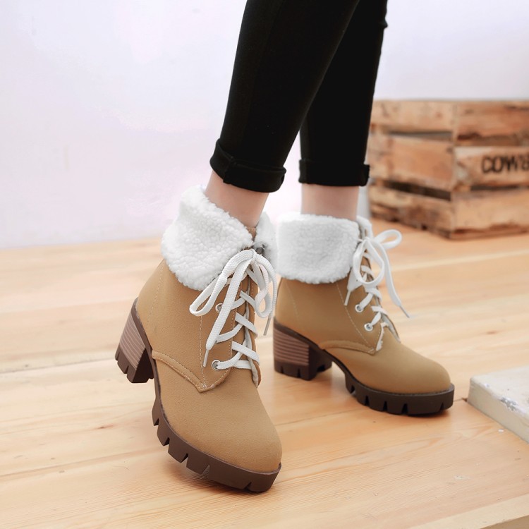 Curled Edge Lace Up Round Toe Low Chunky Heels Short Boots