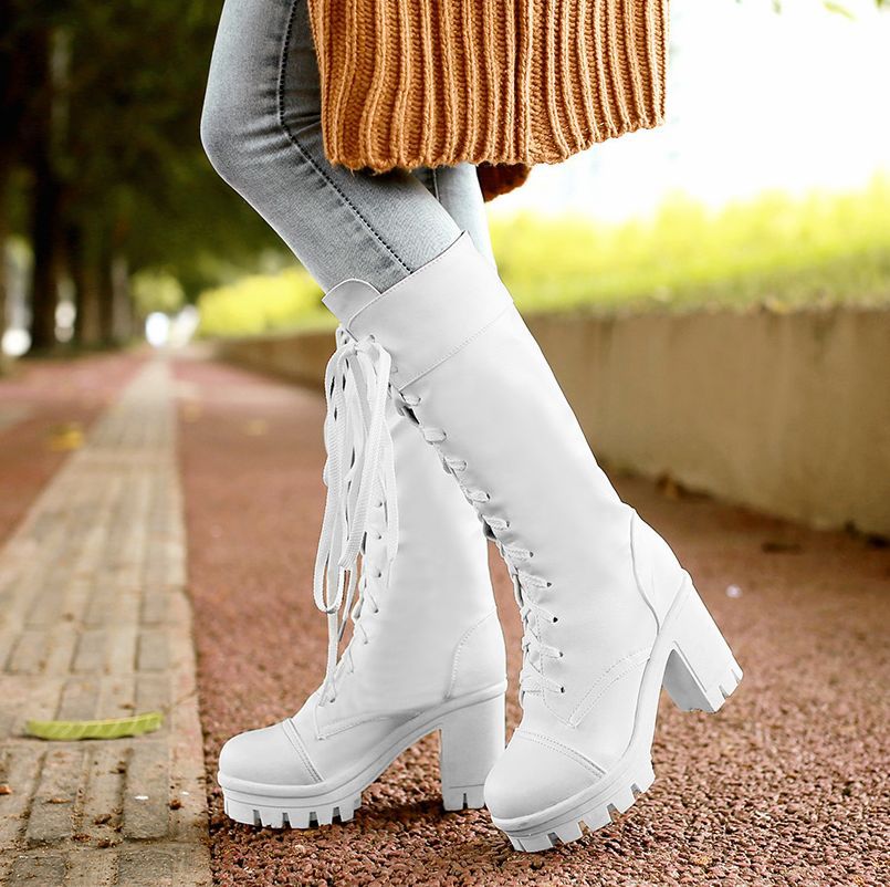 White Knee High Lace Up Boots With Round Toe Platform Chunky Heels