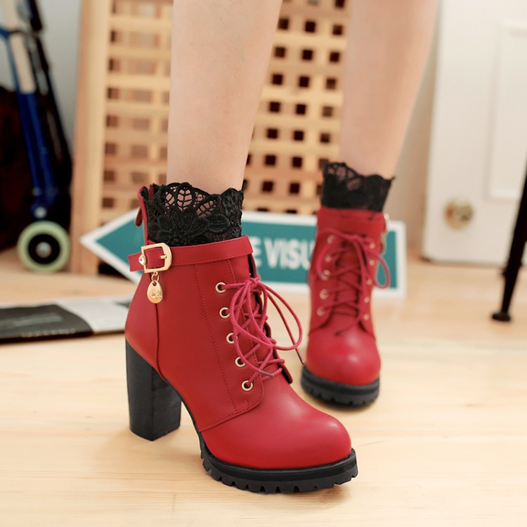 Lace Patchwork Lace Up Round Toe Middle Chunky Heels Short Boots