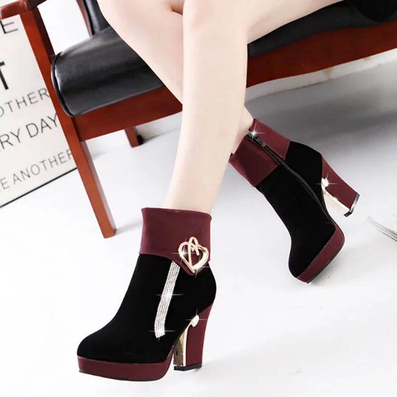 Crystal Metal Decorate Platform Middle Chunky Heels Short Boots