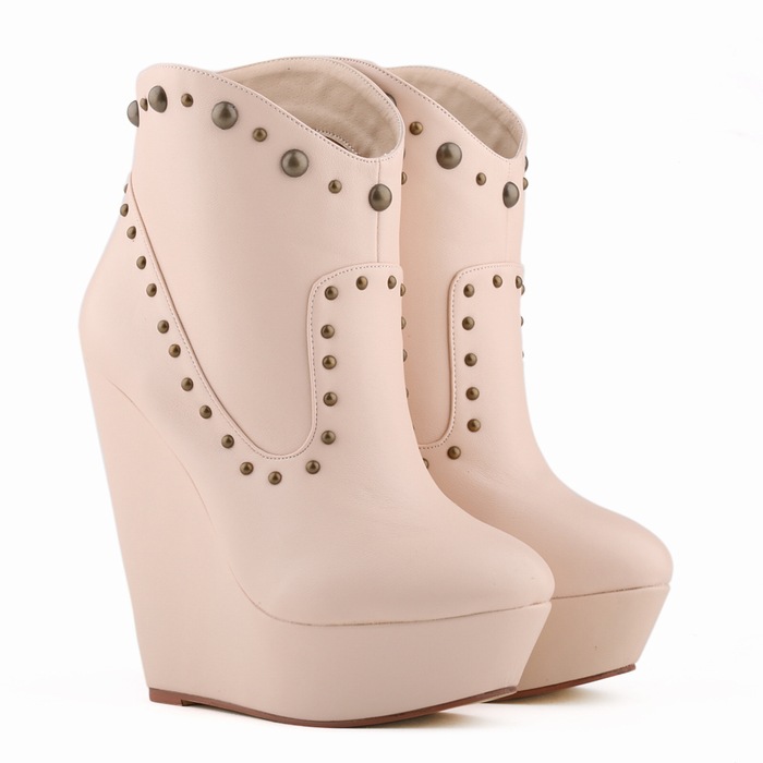 Rivets PU Slope Heel Round Toe Short Wedge Boots