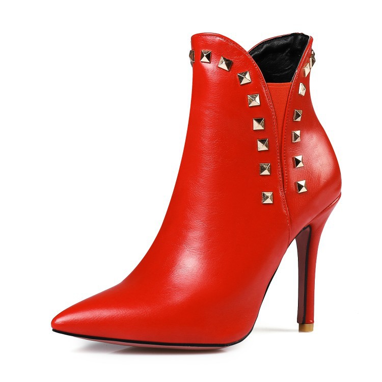 Faux Leather Rivet Embellished Pointed-toe High Heel Ankle Boots