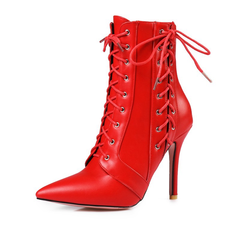 Faux Leather Lace-up Accent Pointed-toe High Heel Ankle Boots