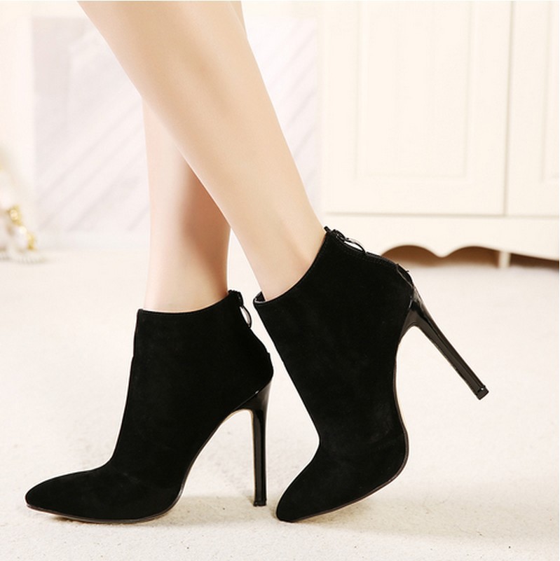 Black Faux Suede Pointed-Toe High Heel Ankle Boots Featuring Zipper Back