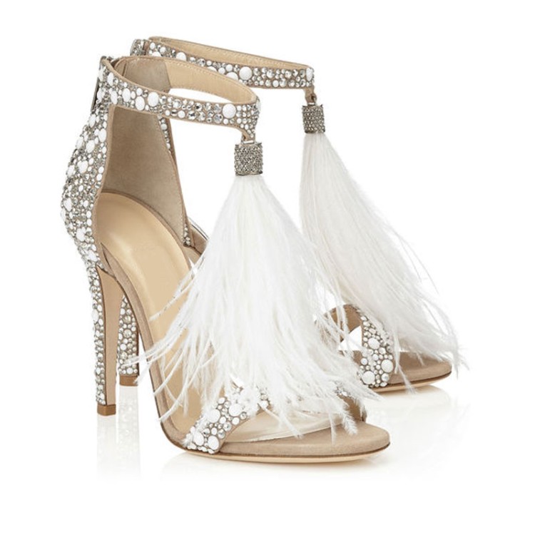 Open Toe Crystal Adorned High Heel Sandals Featuring Feather Tassel