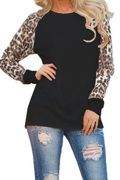 Leopard Patchwork Long Sleeves Scoop Slim T-shirt