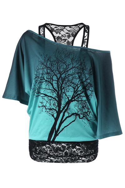 Sold Out --tree Print Scoop One Shoulder Lace Patchwork Short Sleeves T-shirt