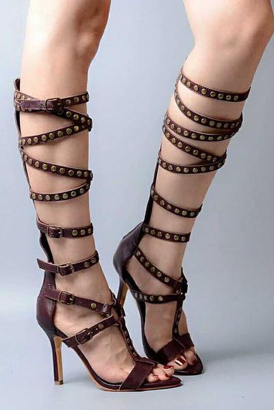 Rivets Straps Cross Open Toe Back Zipper Stiletto High Heels Long Boot Sandals