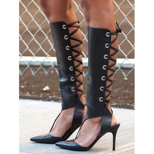 Faux Leather Pointed-toe Knee-length Corset-inspired High Heels