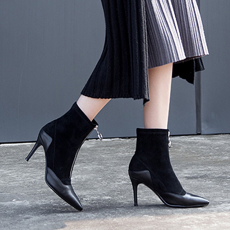 Front Hoop Zipper Pointed Toe High Heel Ankle Boots