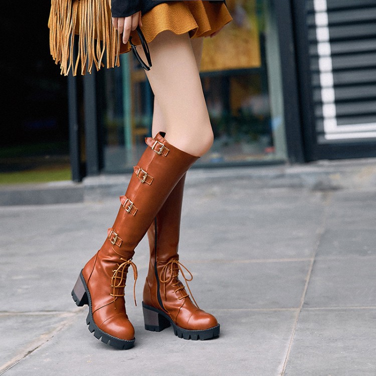 Lace Up Round Toe Middle Chunky Heels Long Boots