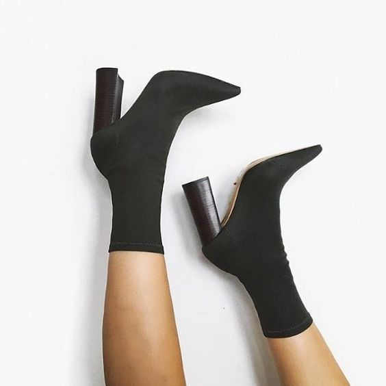 Pointed-toe Chunky Heel Mid-calf Sock Boots