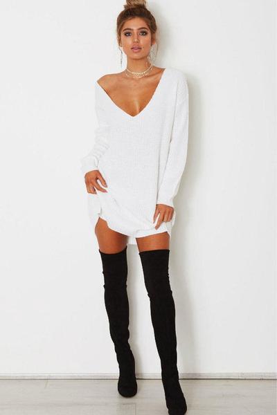 Pure Color Deep V-neck Long Sleeves Long Loose Sweater