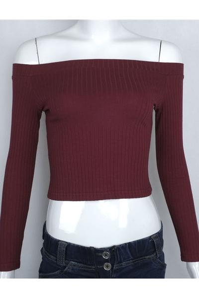 Ribbed Knit Off-The-Shoulder Long Sleeves Cropped Top 