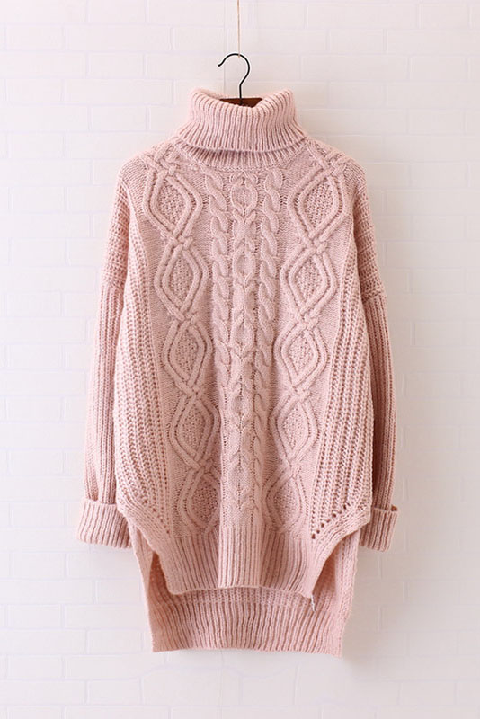 High Neck Cable Knitted Loose Long Sweater