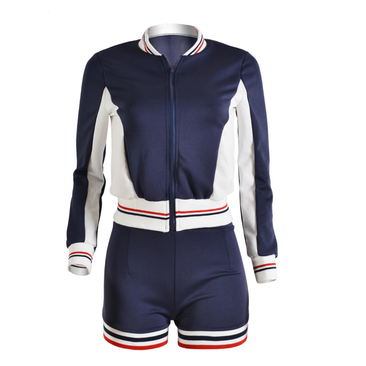 Patchwork High Color Slim Coat With Stripe Shorts Two Pieces Sports Set