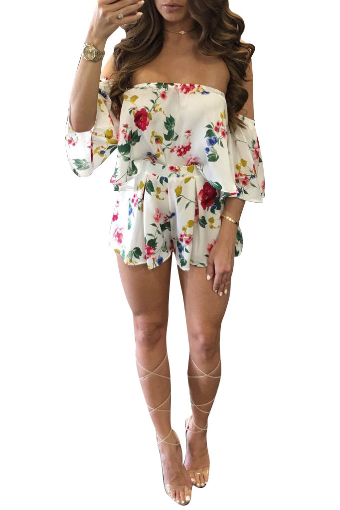 Print Off Shoulder Short Sleeves Crop Top With Print Shorts Two Pieces Set